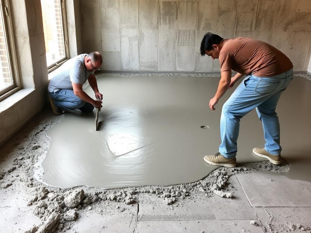 Betonestrich gießen für einen ebenen Boden. Rütteln und Entlüften Betonestrich gießen für einen ebenen Boden. Rütteln und Entlüften