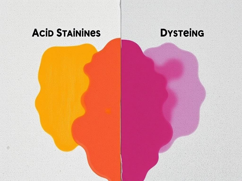 Acid Staining vs. Dyeing Concrete: A Comparison of Color Options. Application complexity and skill requirements Acid Staining vs. Dyeing Concrete: A Comparison of Color Options. Application complexity and skill requirements