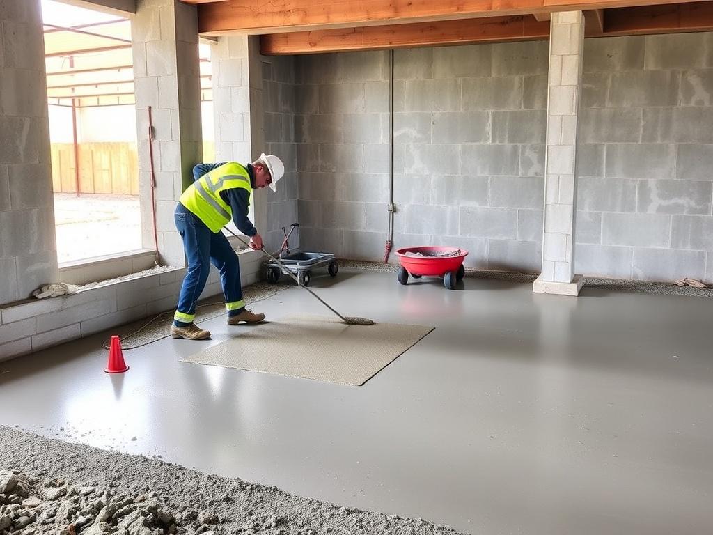 Betonestrich gießen für einen ebenen Boden. Sicherheit und Umweltschutz auf der Baustelle Betonestrich gießen für einen ebenen Boden. Sicherheit und Umweltschutz auf der Baustelle